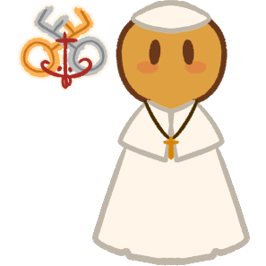 the crossed keys of Roman Catholicism; to the right is a yellow figure, wearing a white cassock, zucchetto and pellegrina and a gold pectoral cross.